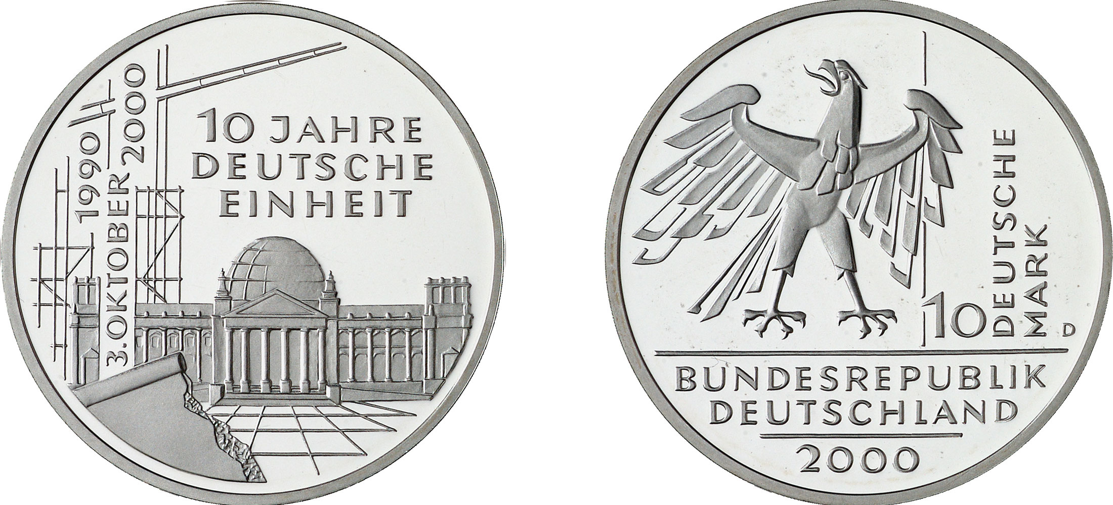 Die 10-DM-Gedenkmünze „10 Jahre Deutsche Einheit“ aus dem Jahr 2000