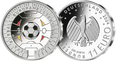 Bild- und Wertseite der 11-Euro-Silbermünze UEFA Fußball-Europameisterschaft 2024