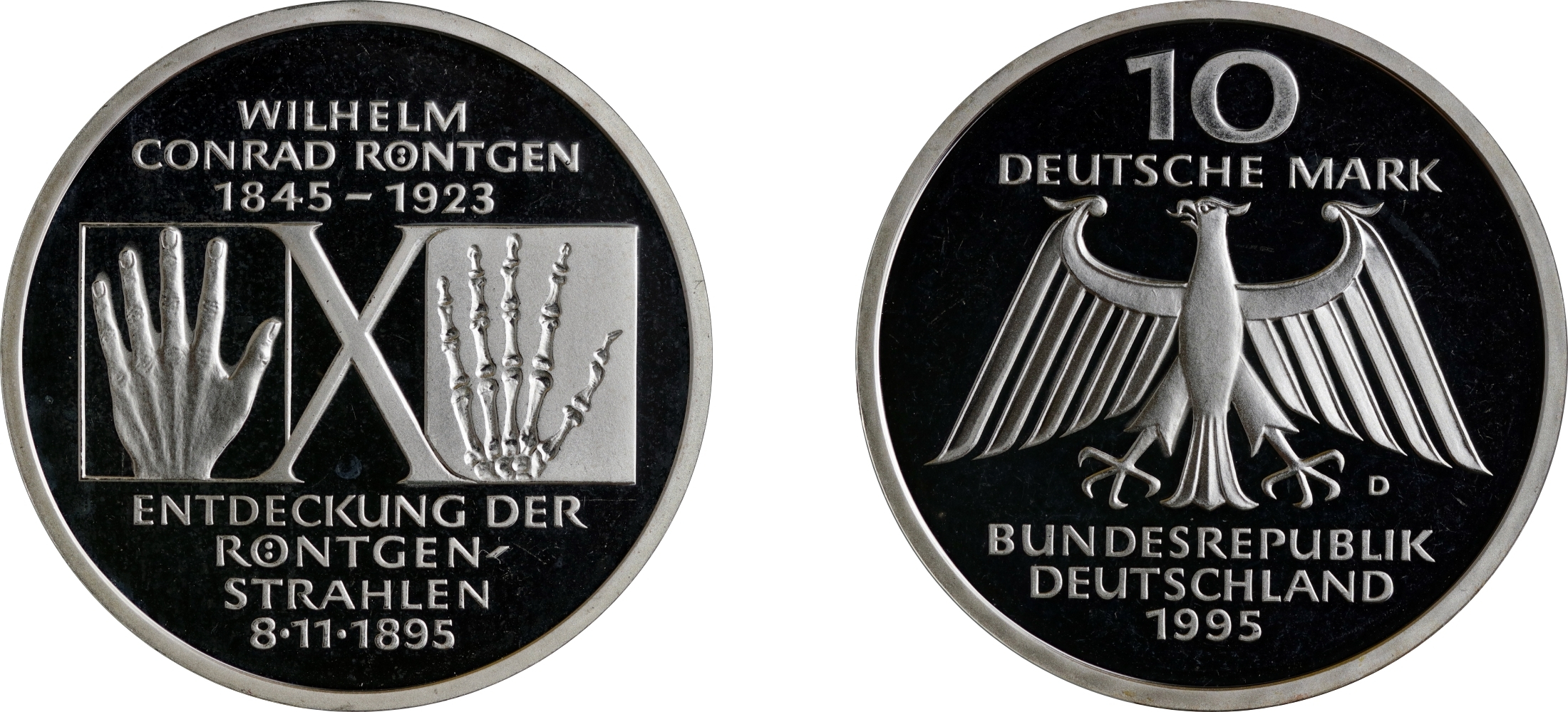 Die 10-DM-Gedenkmünze zum 100. Jahrestag der Entdeckung der Röntgenstrahlen aus dem Jahr 1995
