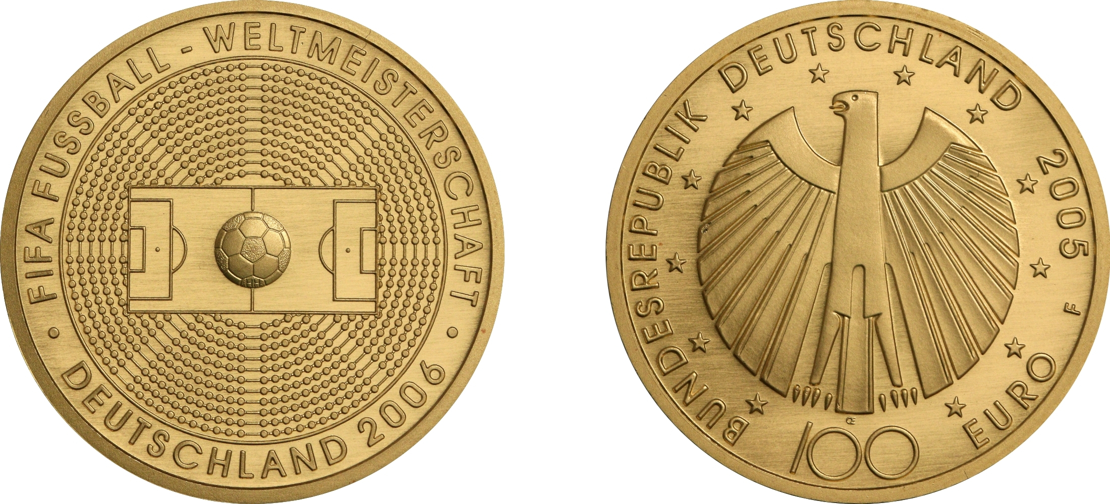 Die 100-Euro-Goldmünze zur Fußballweltmeisterschaft 2006 aus dem Jahr 2005