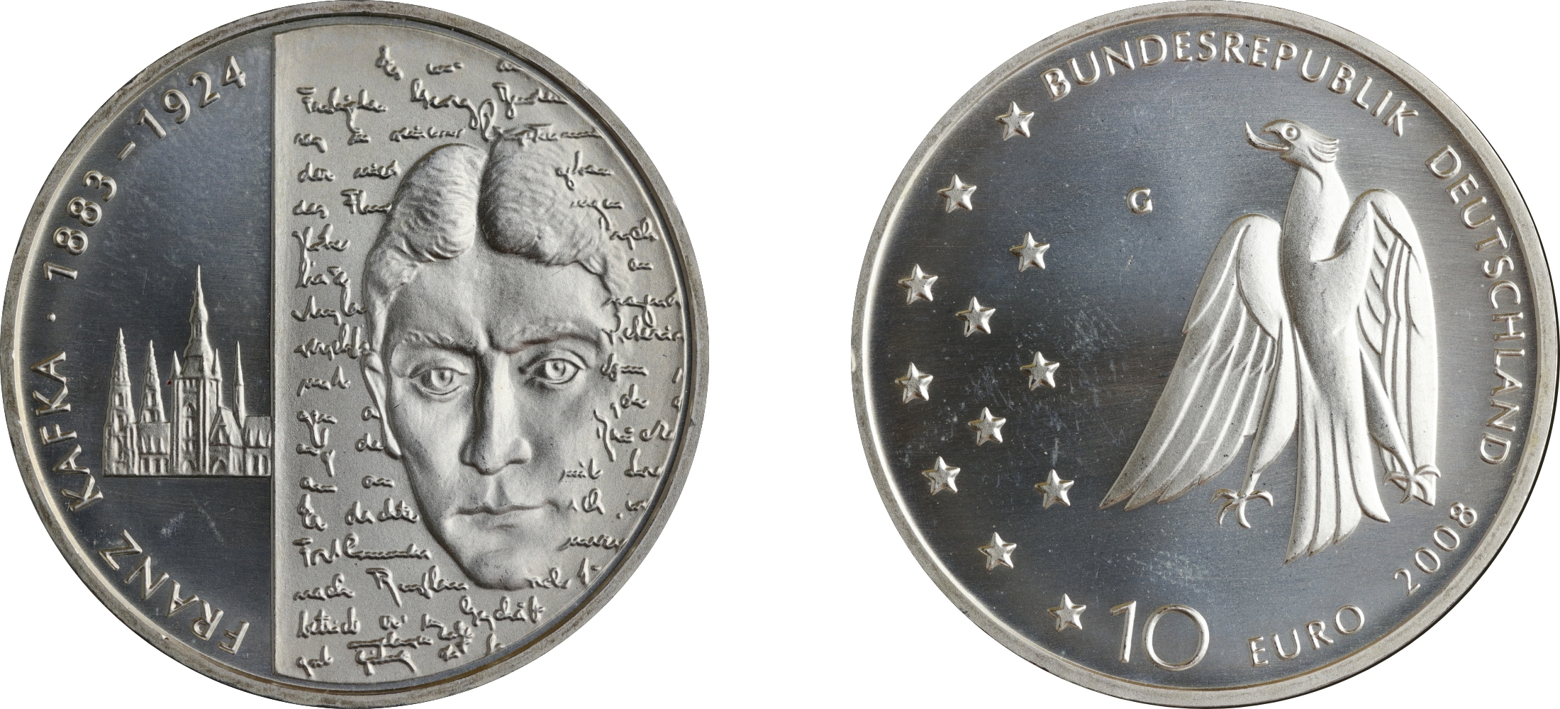 Die 10-Euro-Silbermünze zum 125. Geburtstag Franz Kafkas aus dem Jahr 2008 