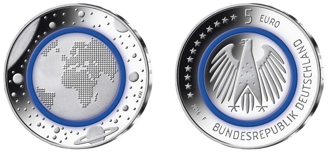 Die 5-Euro-Polymerringmünze „Planet Erde“ aus dem Jahr 2016