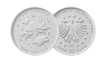 Bild- und Wertseite des Münzentwurfs „Der Kuckuck und der Esel“ von Künstlerin Anna Steinmann