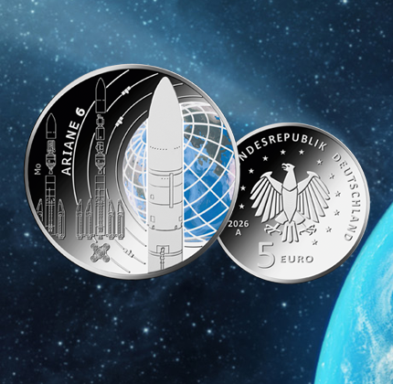 Vorder-und Rückseite der 5-Euro-Farbdruckmünze Ariane 6 im Weltall vor der Erde