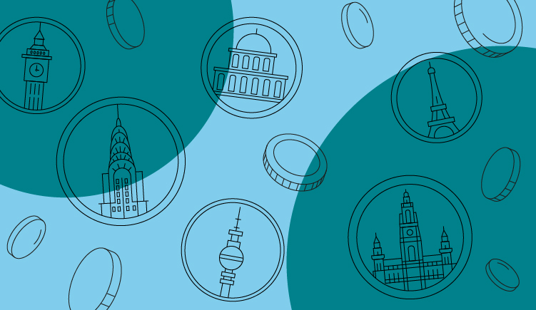 Illustration mit Münzen und stilisierten internationalen Wahrzeichen