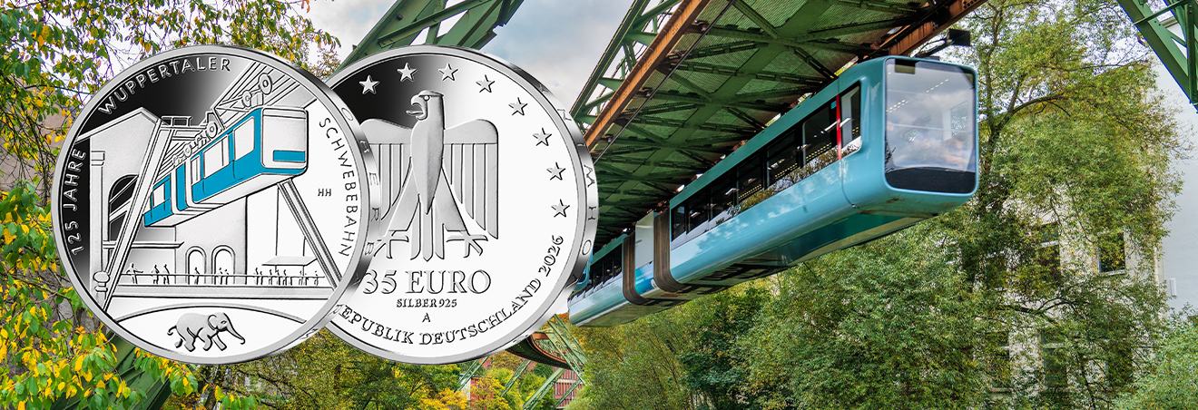 Abbildung Bild- und Wertseite der Münze „125 Jahre Wuppertaler Schwebebahn“ sowie Fotografie einer fahrenden Schwebebahn