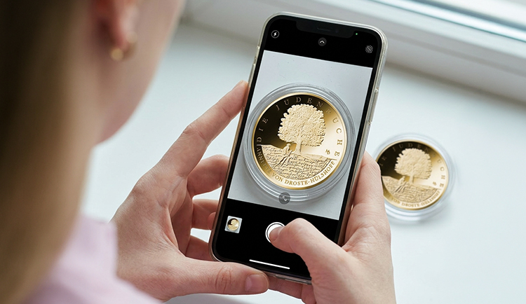 Abbildung eines Smartphones, das die Goldmünze „Die Judenbuche“ abfotografiert
