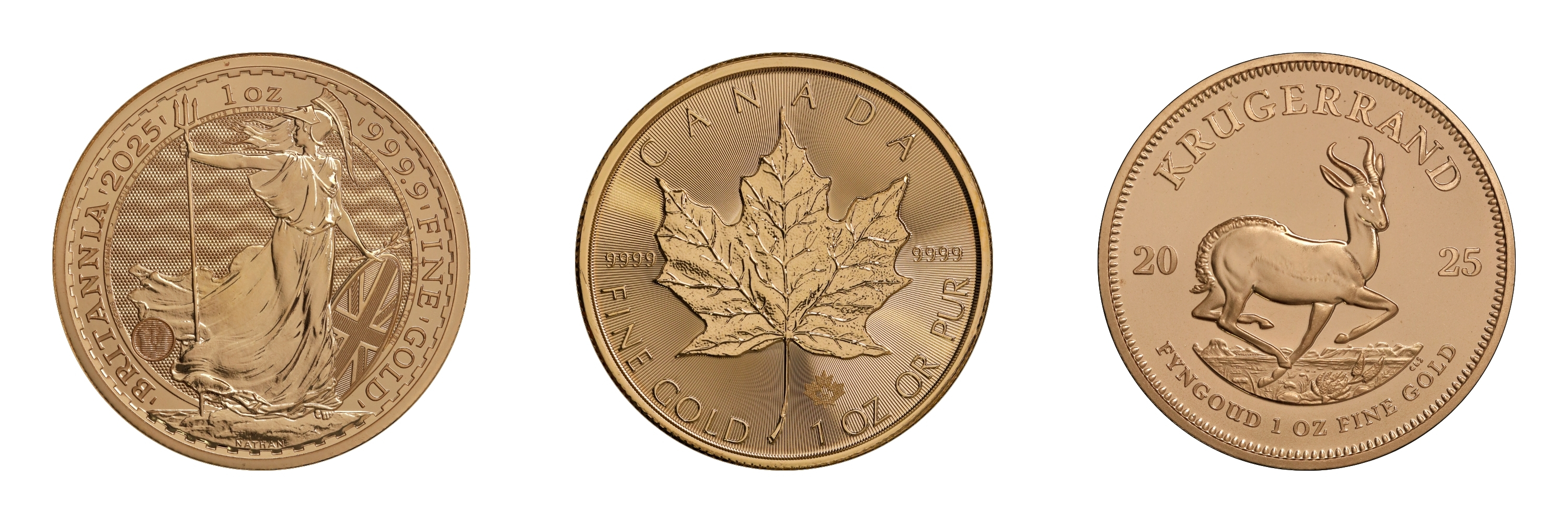 Anlagemünzen Britannia (Großbritannien), Maple Leaf (Kanada) und der Krügerrand (Südafrika) 