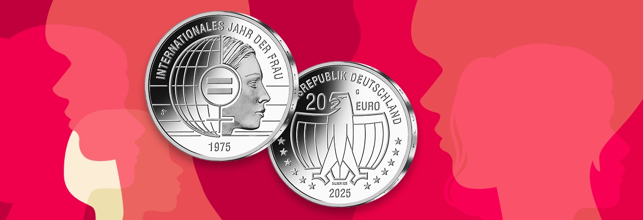 Die Münze 50 Jahre Internationales Jahr der Frau vor farbigen Silhoutten von Frauenköpfen. 
