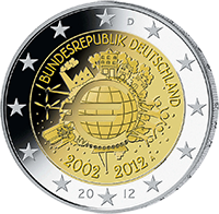 Bildseite der 2-Euro-Münze 10 Jahre Euro-Bargeld von 2012