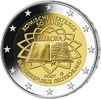 Bildseite der 2-Euro-Münze 50 Jahre Römische Verträge von 2007