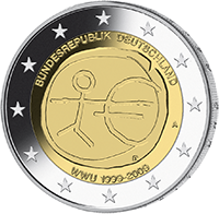 Bildseite der 2-Euro-Münze 10 Jahre Wirtschafts- und Währungsunion von 2009