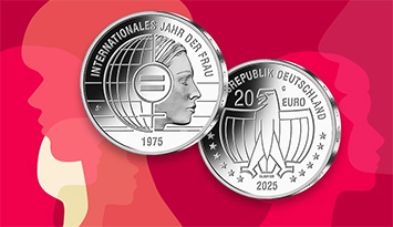 Die Münze 50 Jahre Internationales Jahr der Frau vor farbigen Silhoutten von Frauenköpfen. 