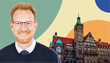 Portrait Ferenc Csák und Foto des Chemnitzer Neuen Rathauses