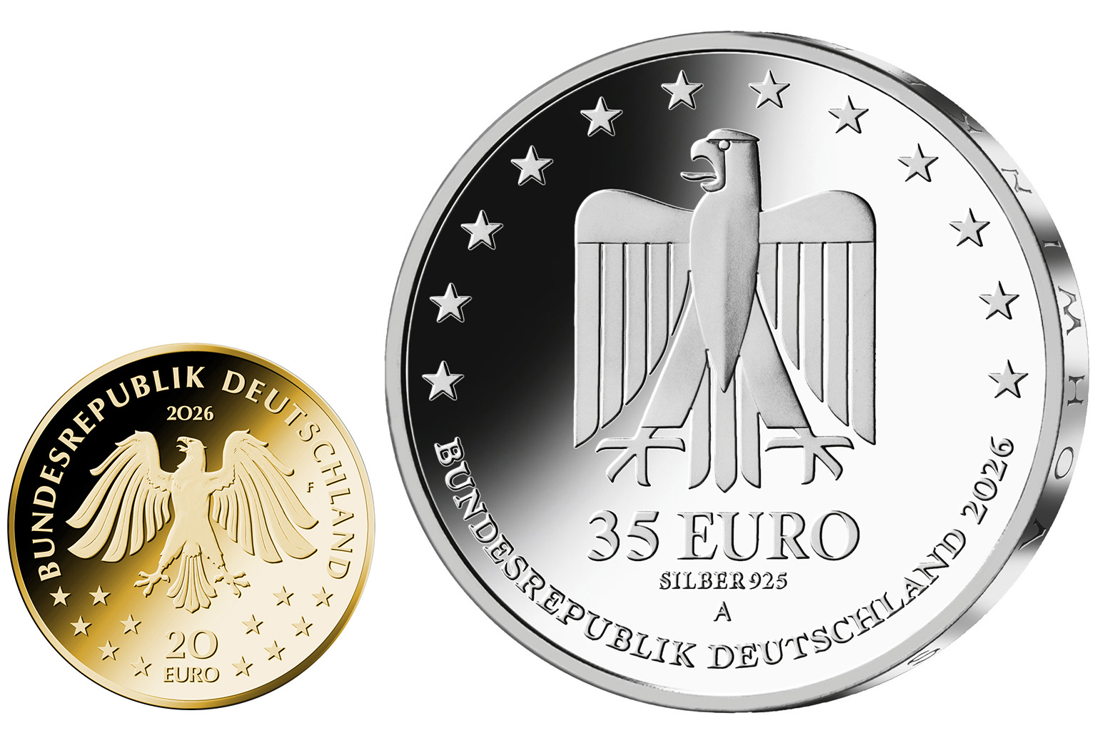 Größenvergleich von 20-Euro Goldmünze und  35-Euro-Silbermünze 