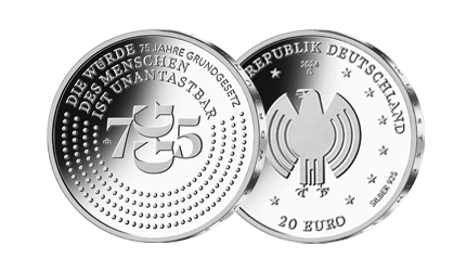 Bild- und Wertseite der 20-Euro-Münze 75 Jahre Grundgesetz von 2025