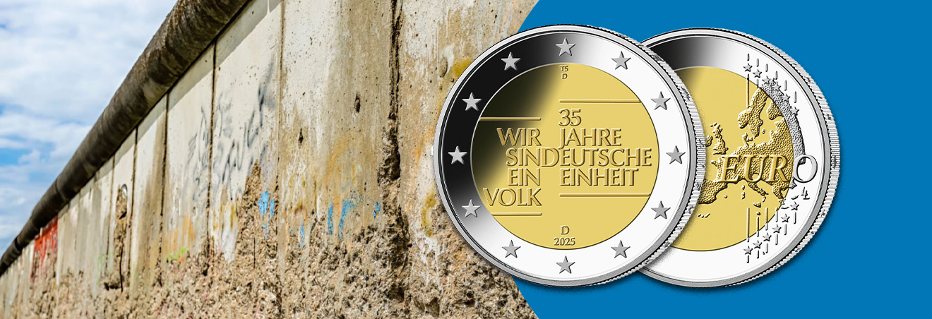 Gedenkmünze zur deutschen Einheit vor symbolischem Mauerbild: Erinnerung an 35 Jahre Wiedervereinigung