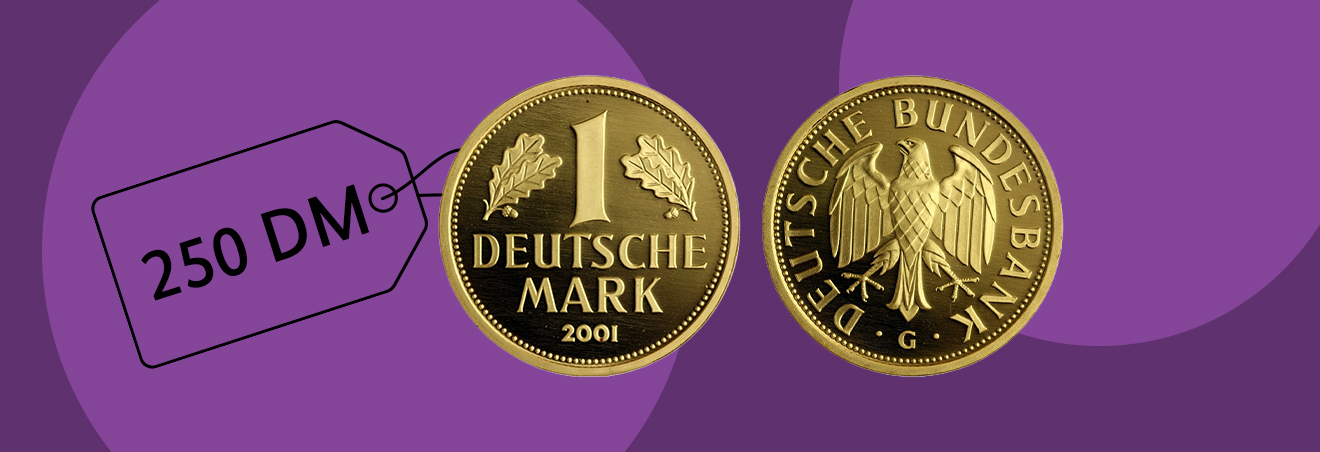 Abbildung des goldenen 1-DM-Stücks mit Bild- und Wertseite sowie einem Preisetikett über 250 DM