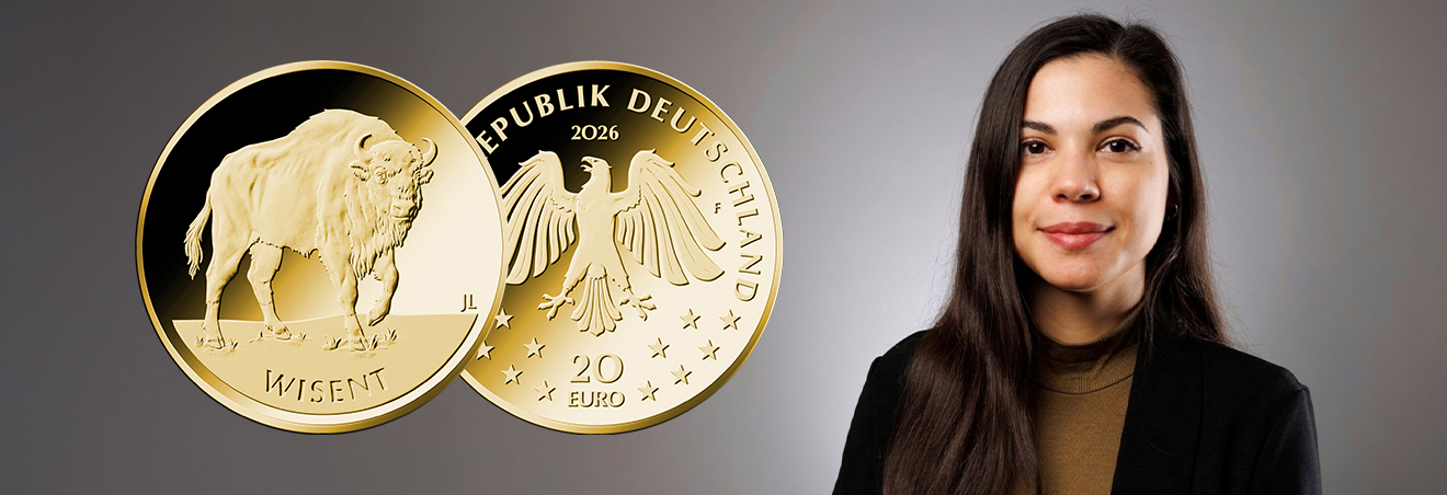 20-Euro-Goldmünze Wisent neben Porträt von Jasmin Lewis