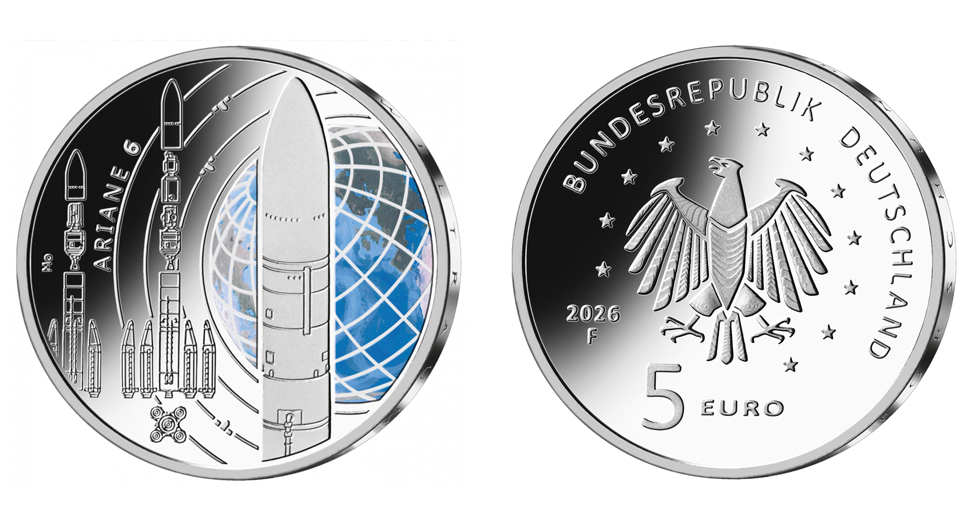 Bild- und Wertseite der 5-Euro-Farbdruckmünze „Ariane 6“
