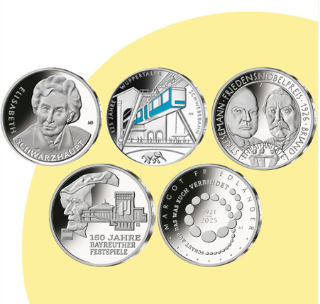 Collage der fünf deutschen Sterlingsilbermünzen des Jahres 2026