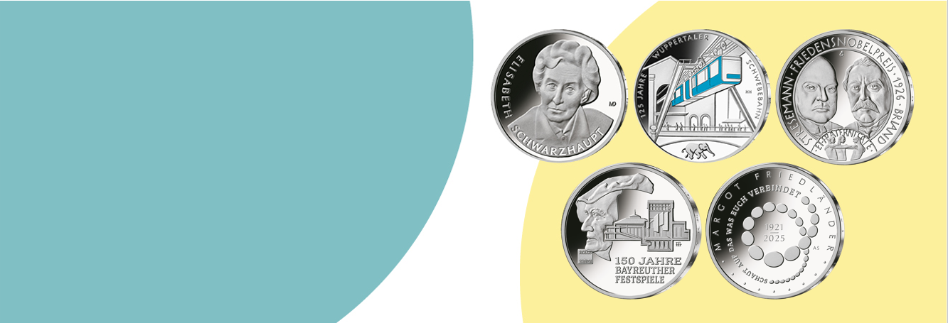 Collage der fünf deutschen Sterlingsilbermünzen des Jahres 2026