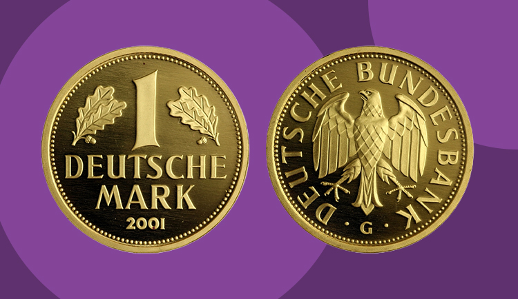 Abbildung des goldenen 1-DM-Stücks mit Bild- und Wertseite sowie einem Preisetikett über 250 DM
