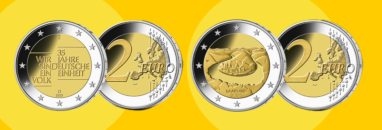 Collage aus 2-Euro-Gedenkmünzen 35 Jahre Deutsche Einheit“ und Bundesländer II – hier im Bild die Saarschleife 