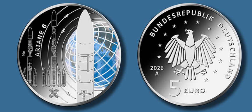 Die 5-Euro-Farbdruckmünze „Ariane 6“ aus der Serie  „Erforschung des Weltraums“.