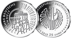 Bild- und Wertseite der 20-Euro-Silbermünze 25 Jahre Deutsche Einheit von 2015