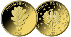 Bild- und Wertseite der 20-Euro-Goldmünze Eiche aus der Serie Deutscher Wald