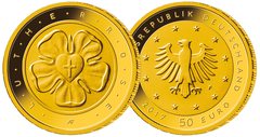 Bild- und Wertseite der 50-Euro-Goldmünze Lutherrose von 2017