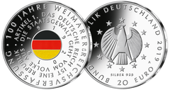 Bild- und Wertseite der 20-Euro-Silbermünze 100 Jahre Weimarer Reichsverfassung von 2019