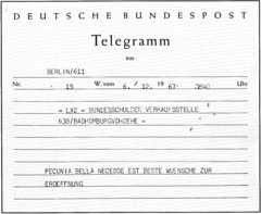 Das Glückwunschtelegramm von 1967 zur Eröffnung der Verkaufsstelle für Sammlermünzen