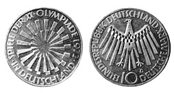 Bild- und Wertseite der 10-DM-Sammlermünze zu den Olympischen Spielen von 1970