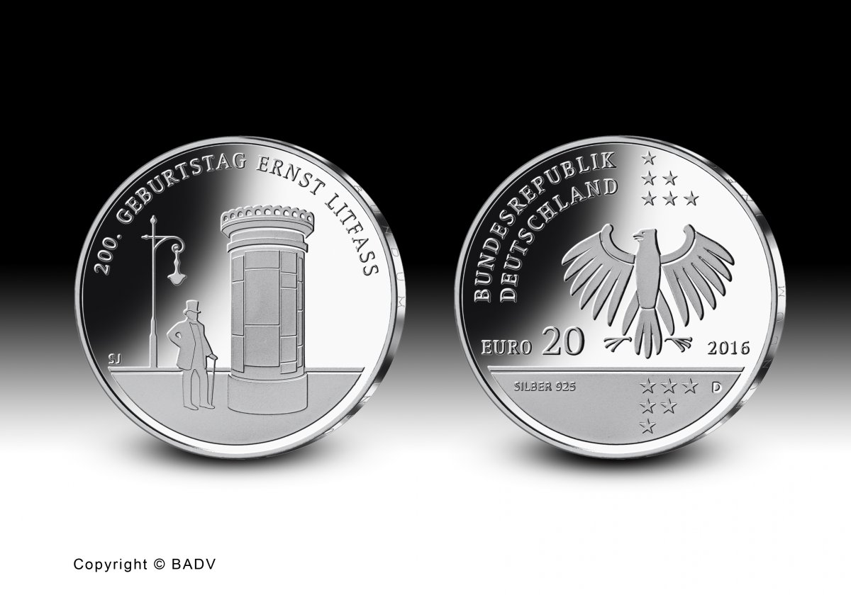 Download 20-Euro-Sammlermünze 2016 "200. Geburtstag Ernst Litfaß" 